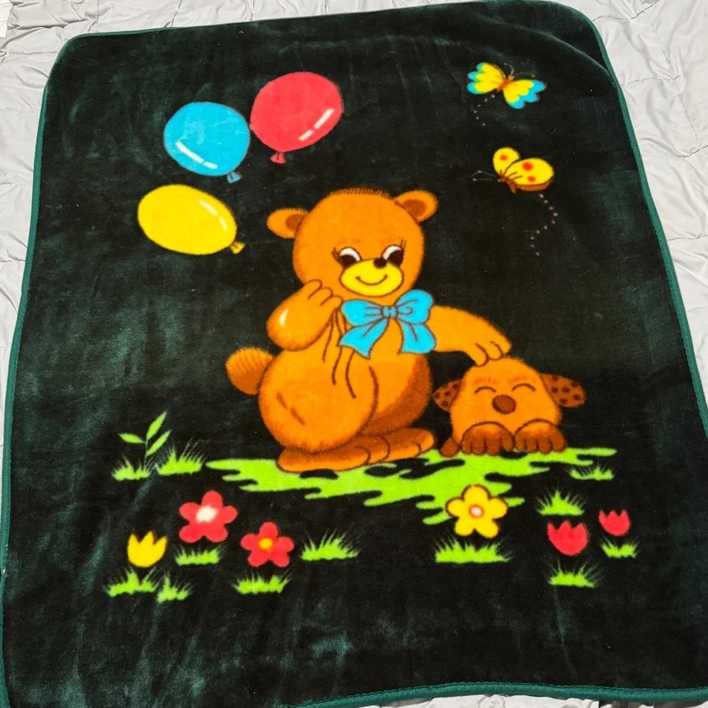 Vintage Teddy Bear Puppy Plush Mink Style Fleece Blanket Forest Green Kidcore